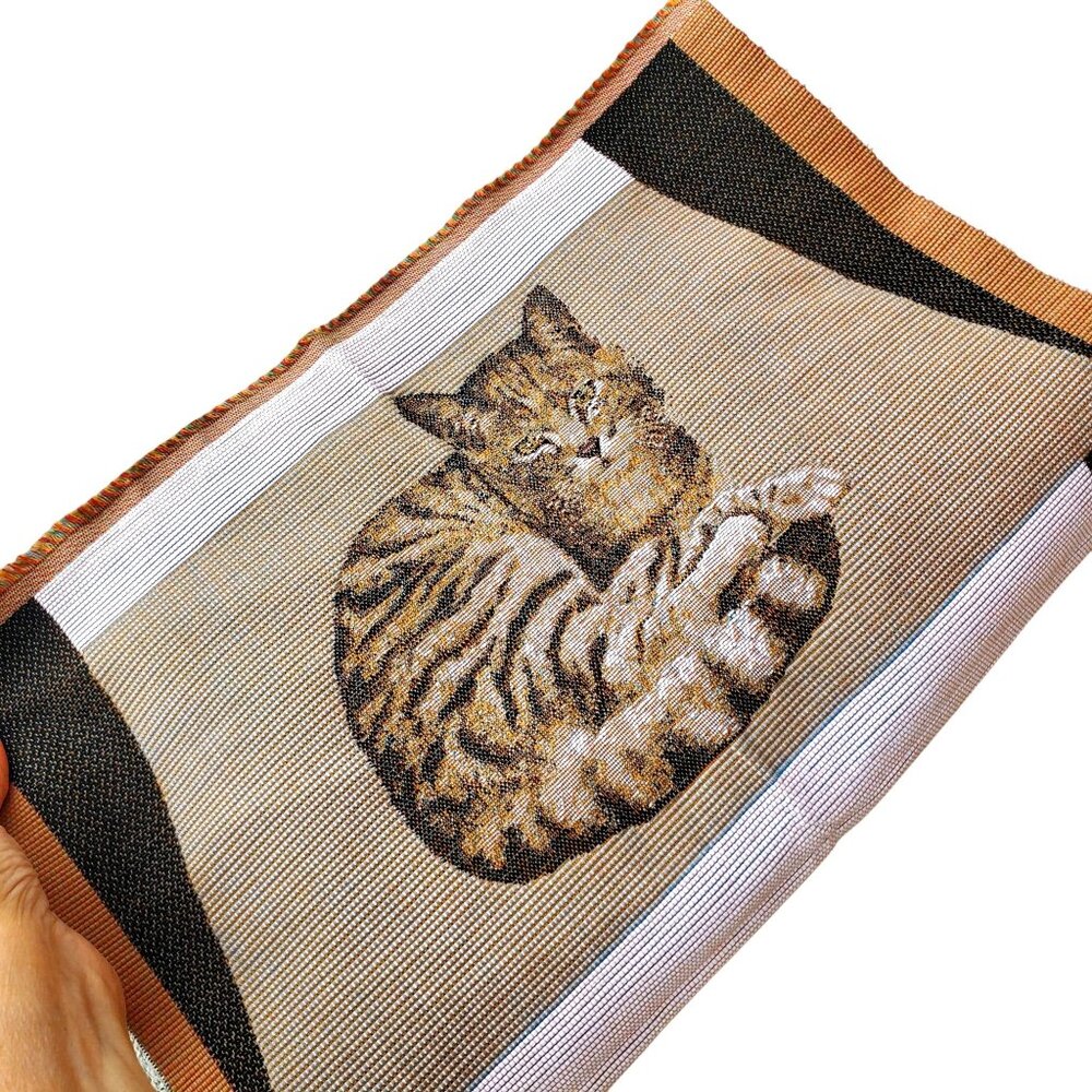 Vintage Art de Lys French Woven Cat Tapestry Pillow Panel Textile 15x20 Beige - Picture 13 of 13
